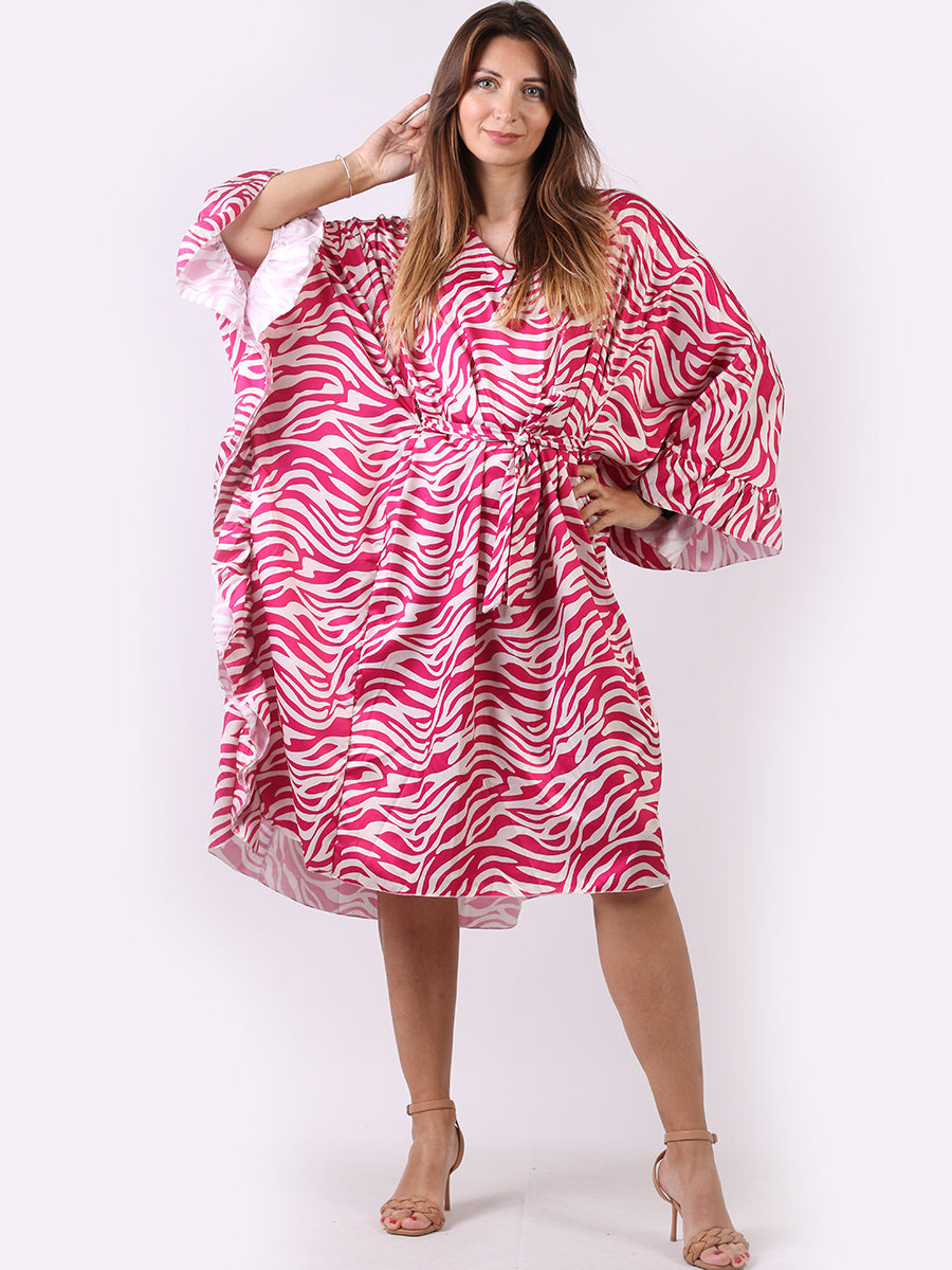 Wave Print Ruffle Sides Kaftan Fuchsia
