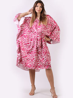 Wave Print Ruffle Sides Kaftan Fuchsia