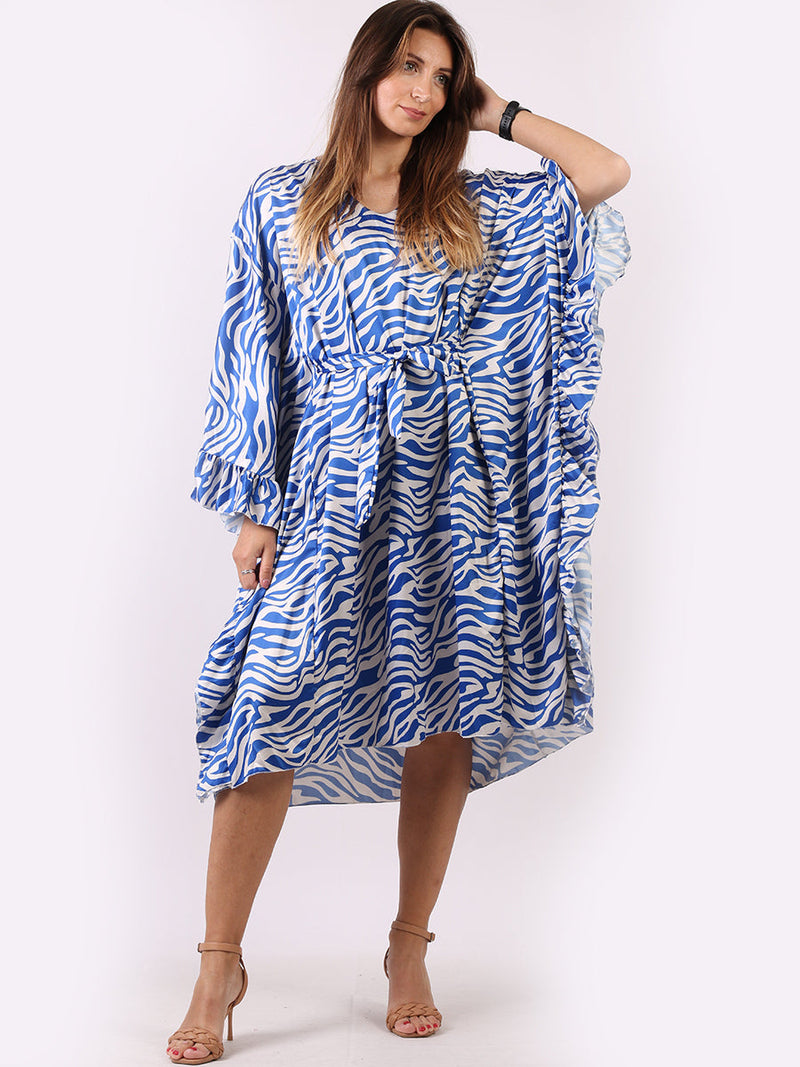 Wave Print Ruffle Sides Kaftan Royal Blue