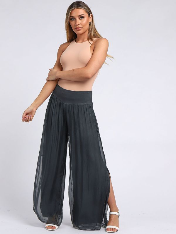 Plain Silk Palazzo Pant Charcoal