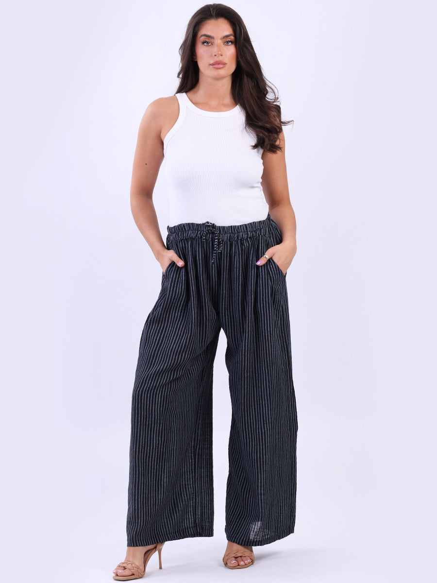 Stripy Cotton Wide Leg Pant Black