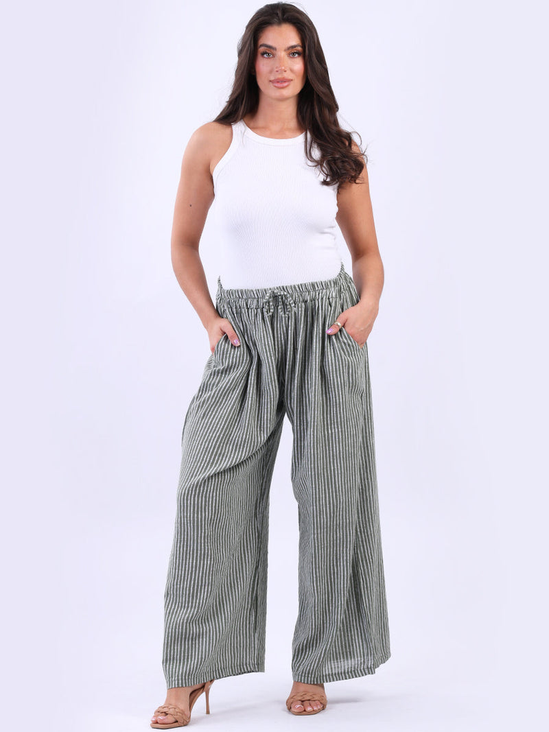 Stripy Cotton Wide Leg Pant Khaki