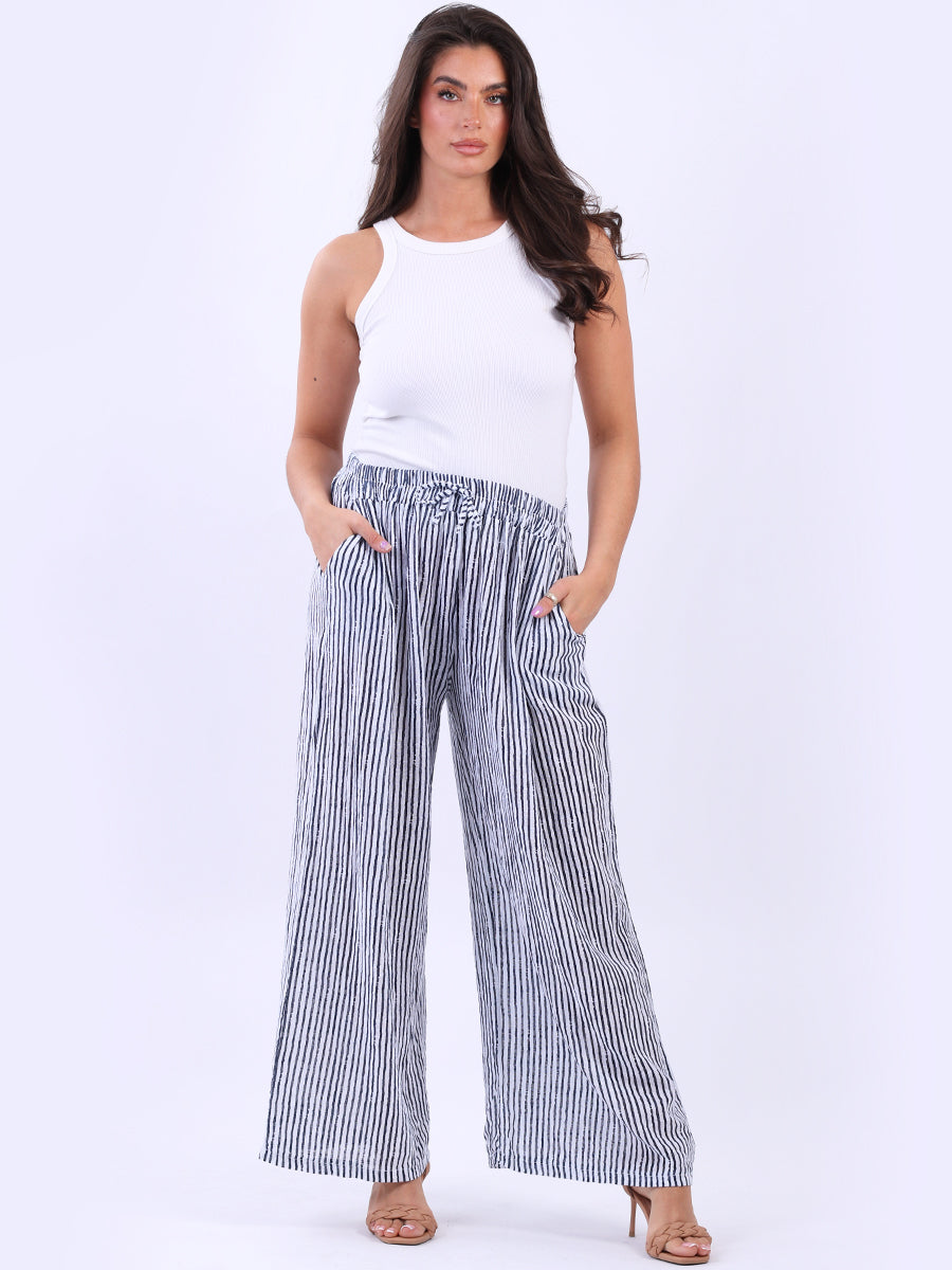 Stripy Cotton Wide Leg Pant White