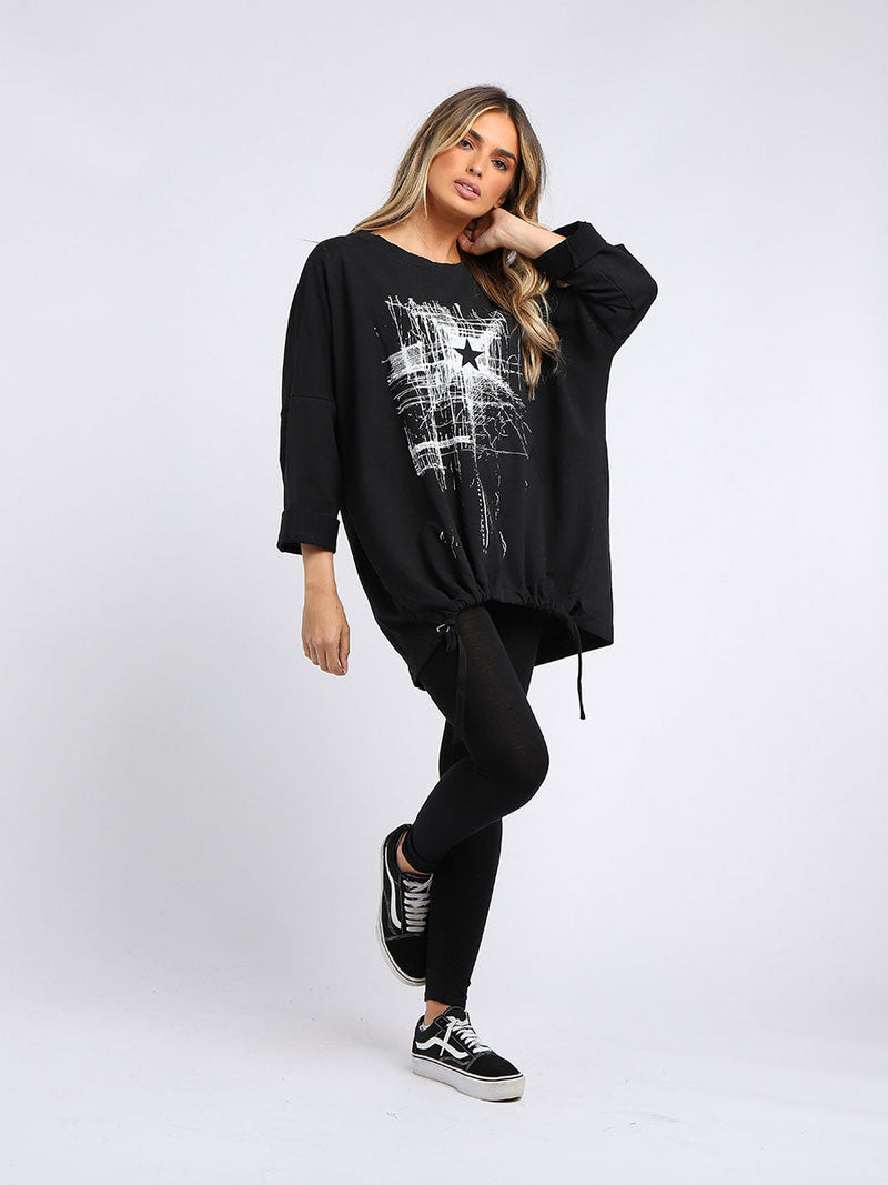 Abstract Star Oversized Top Black
