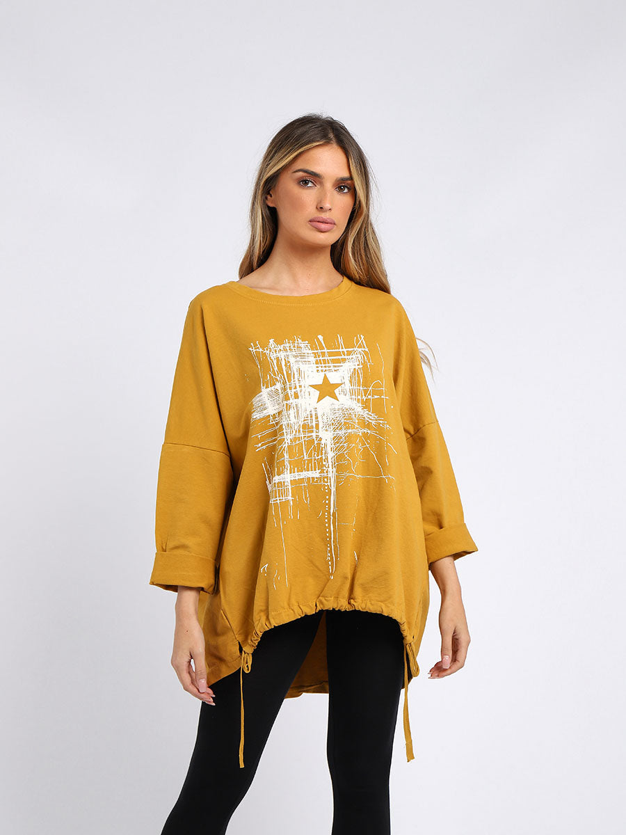 Abstract Star Oversized Top Mustard