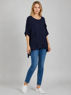 Flower Applique Baggy Shirt Navy