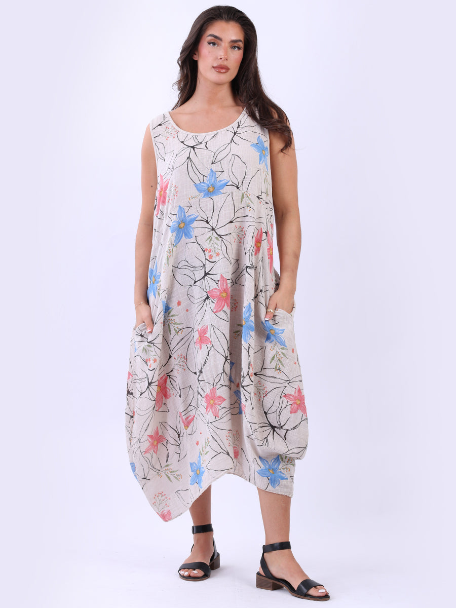 Oversized Floral Cotton Sleeveless Dress Beige