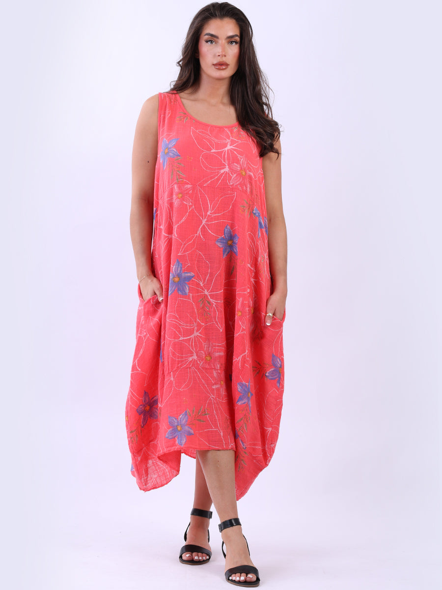 Oversized Floral Cotton Sleeveless Dress Coral