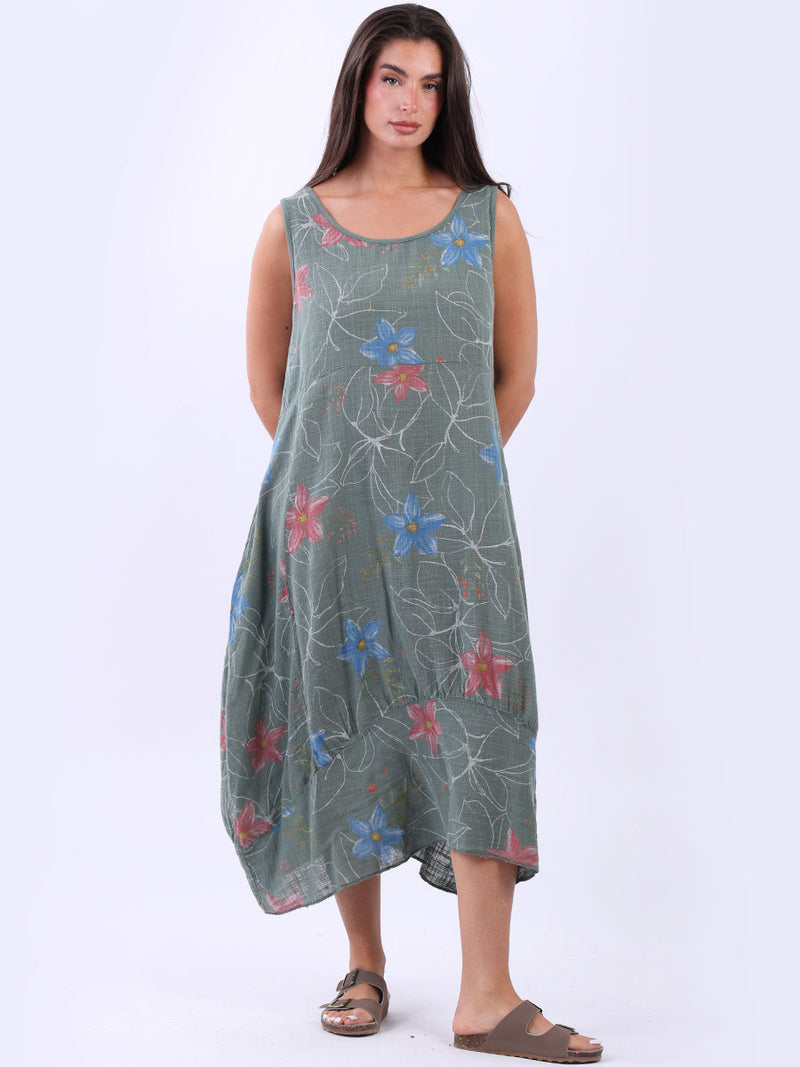Oversized Floral Cotton Sleeveless Dress Khaki