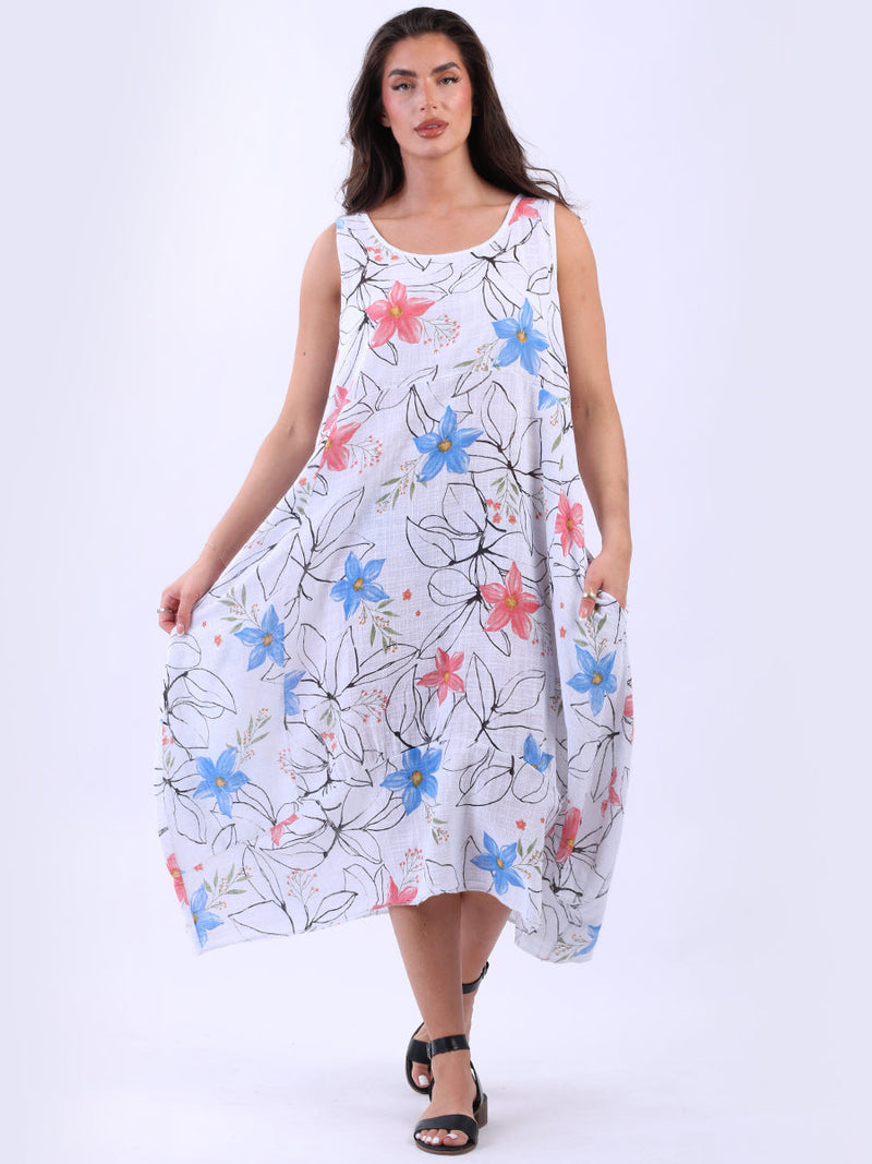 Oversized Floral Cotton Sleeveless Dress White