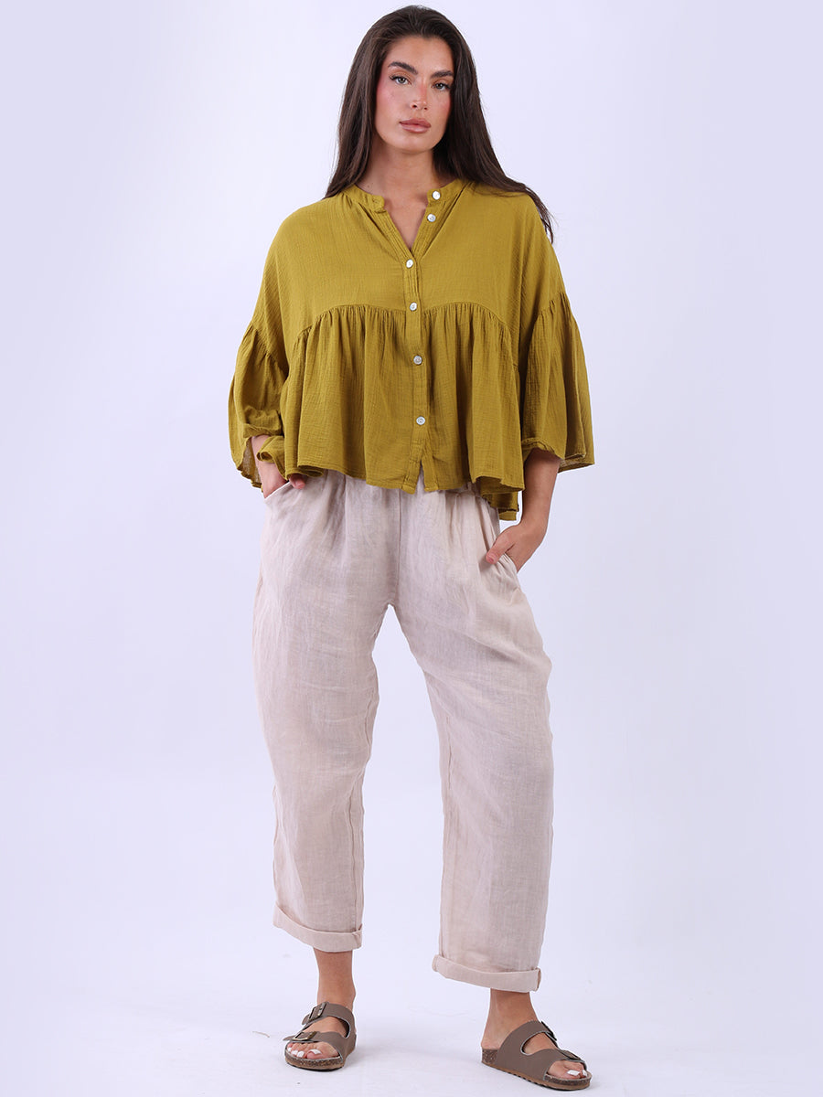 Button Down Peplum Top Mustard