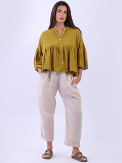 Button Down Peplum Top Mustard