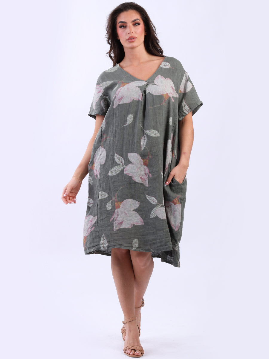 Plus Size Floral Linen Dress Khaki