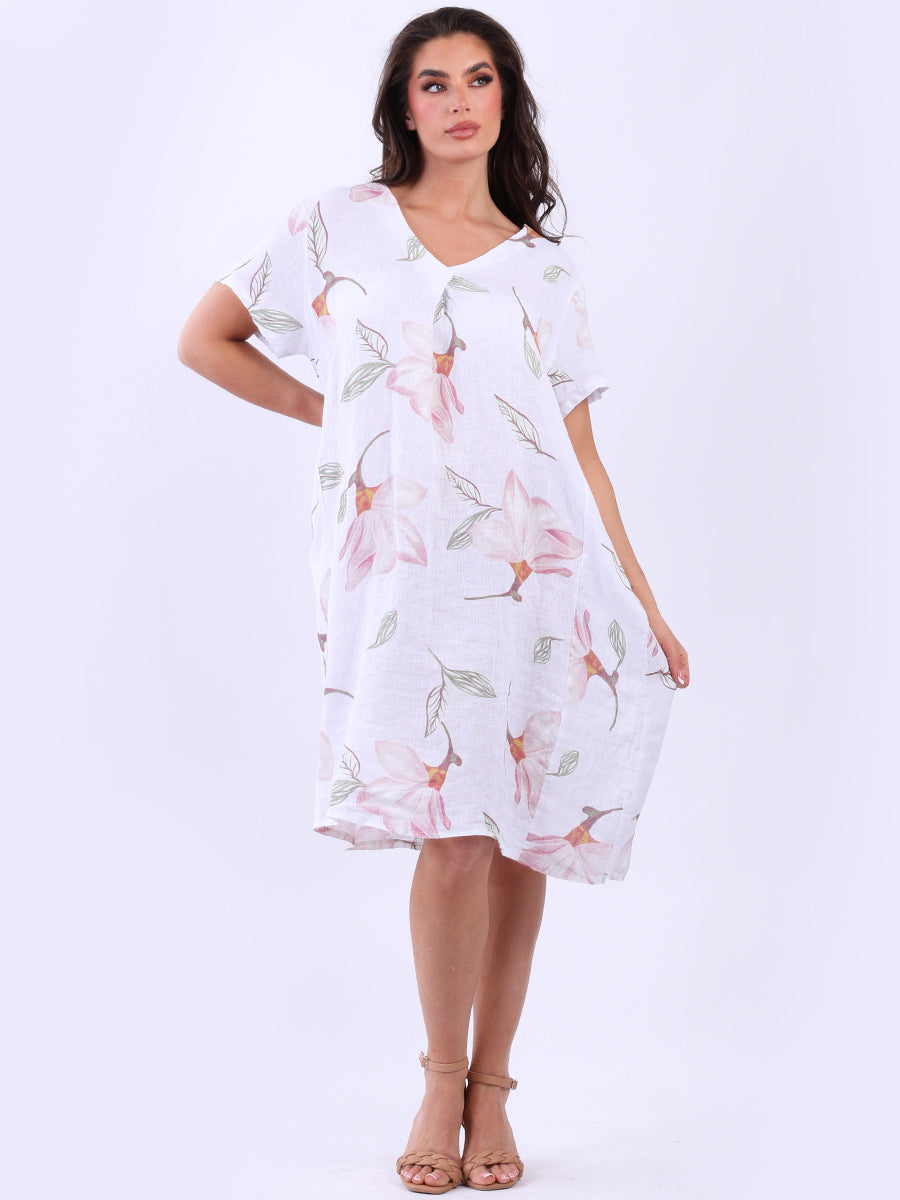 Plus Size Floral Linen Dress White