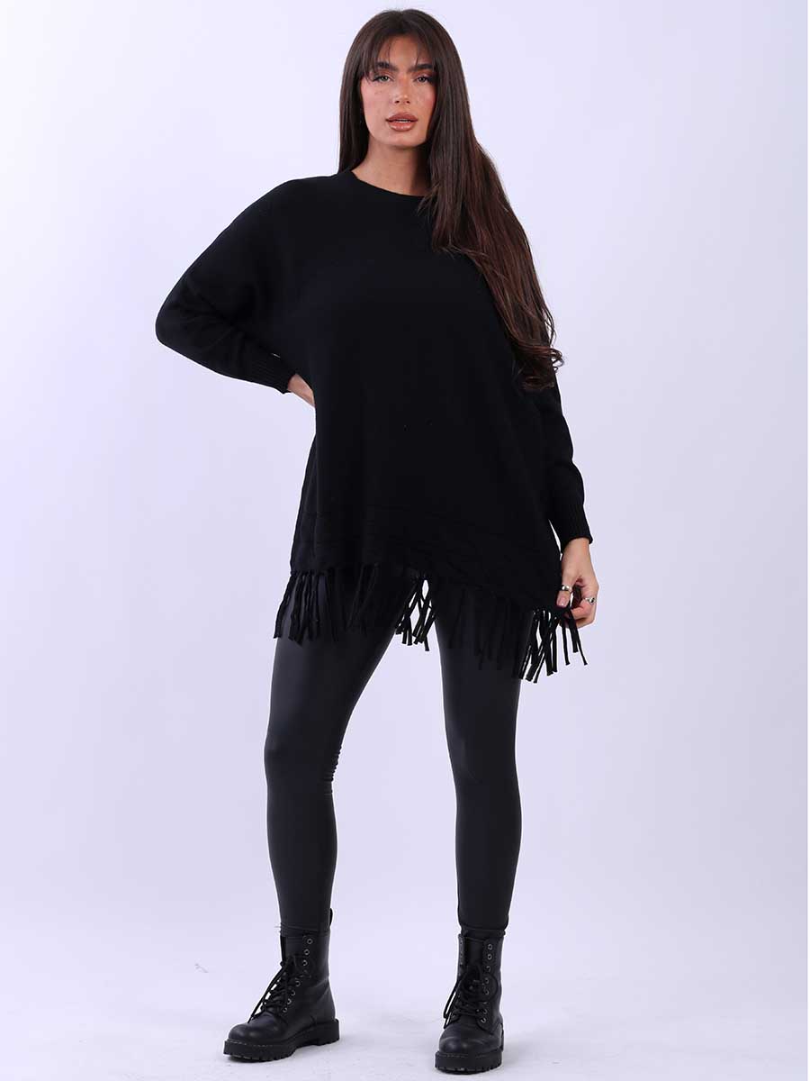 Solid Knitted Fringe Jumper Black