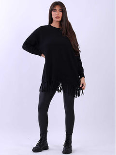 Solid Knitted Fringe Jumper Black