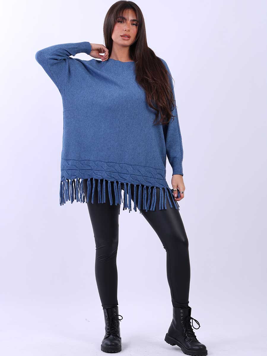 Solid Knitted Fringe Jumper Denim