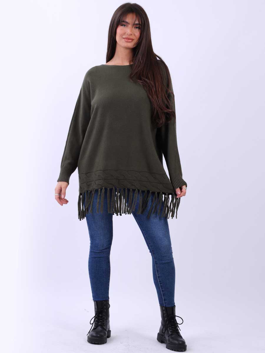 Solid Knitted Fringe Jumper Khaki