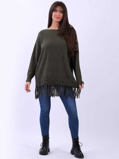 Solid Knitted Fringe Jumper Khaki
