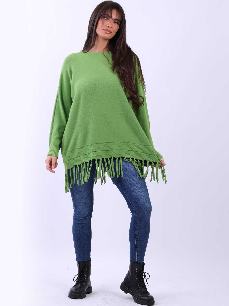 Solid Knitted Fringe Jumper Lime Green