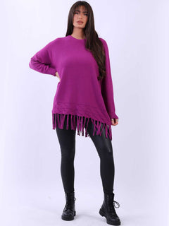 Solid Knitted Fringe Jumper Magenta
