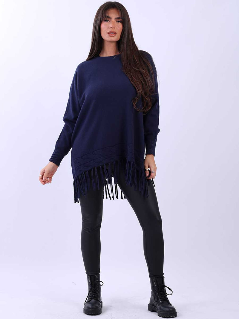 Solid Knitted Fringe Jumper Navy
