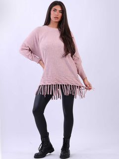 Solid Knitted Fringe Jumper Pink