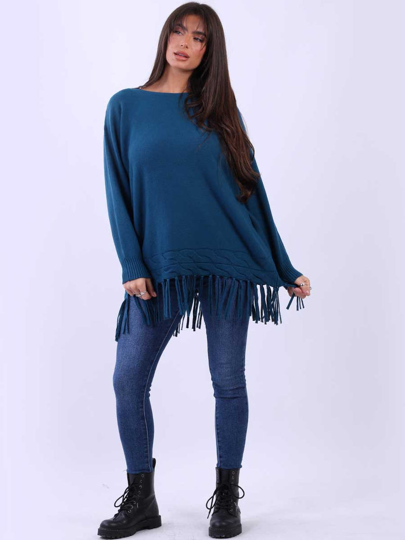 Solid Knitted Fringe Jumper Teal