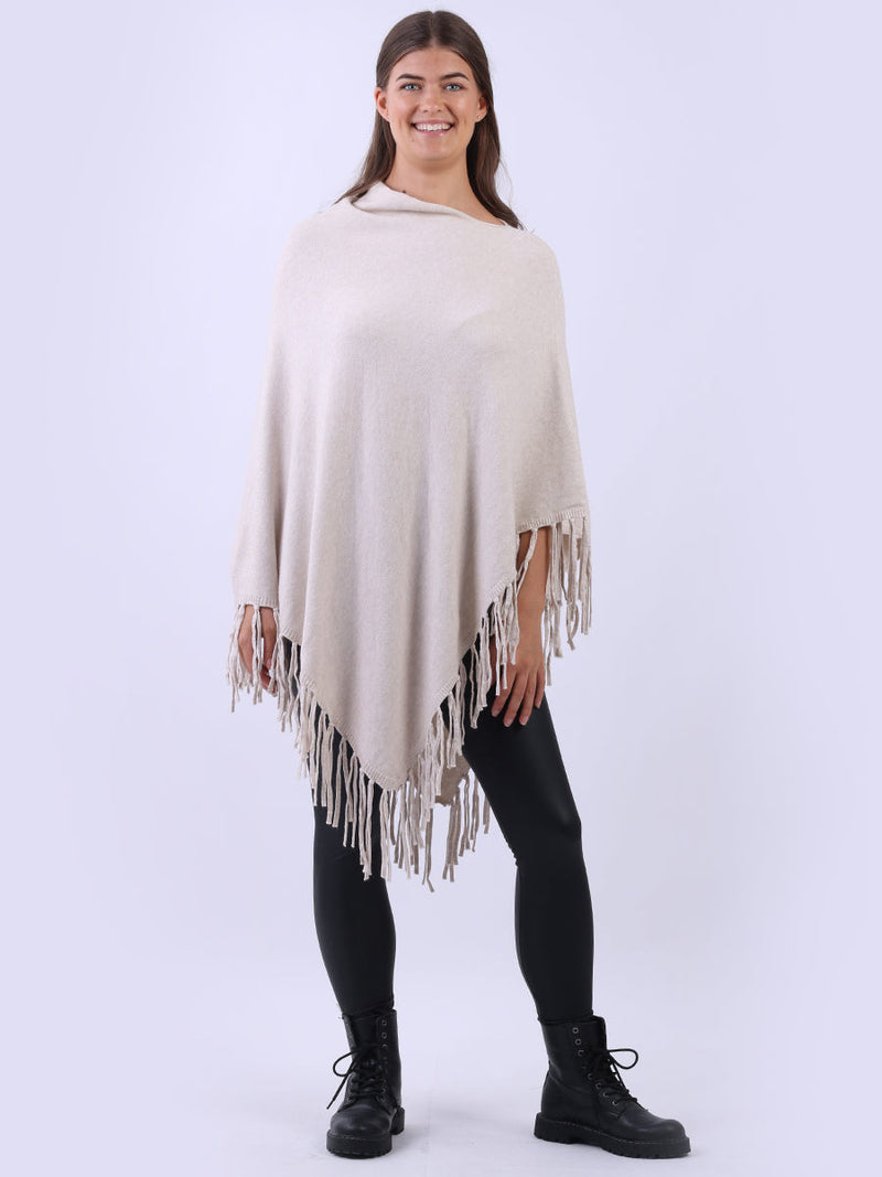 Cowl Neck Knitted Fringe Poncho Beige