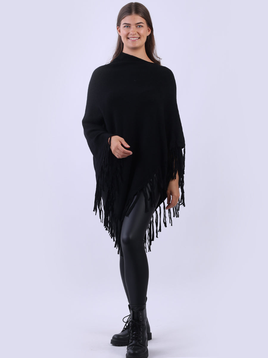 Cowl Neck Knitted Fringe Poncho Black