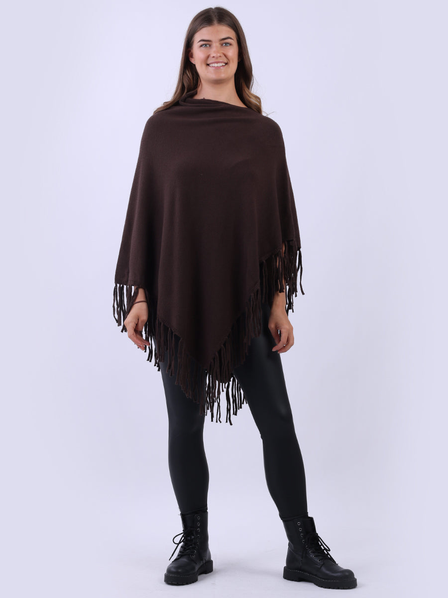 Cowl Neck Knitted Fringe Poncho Chocolate