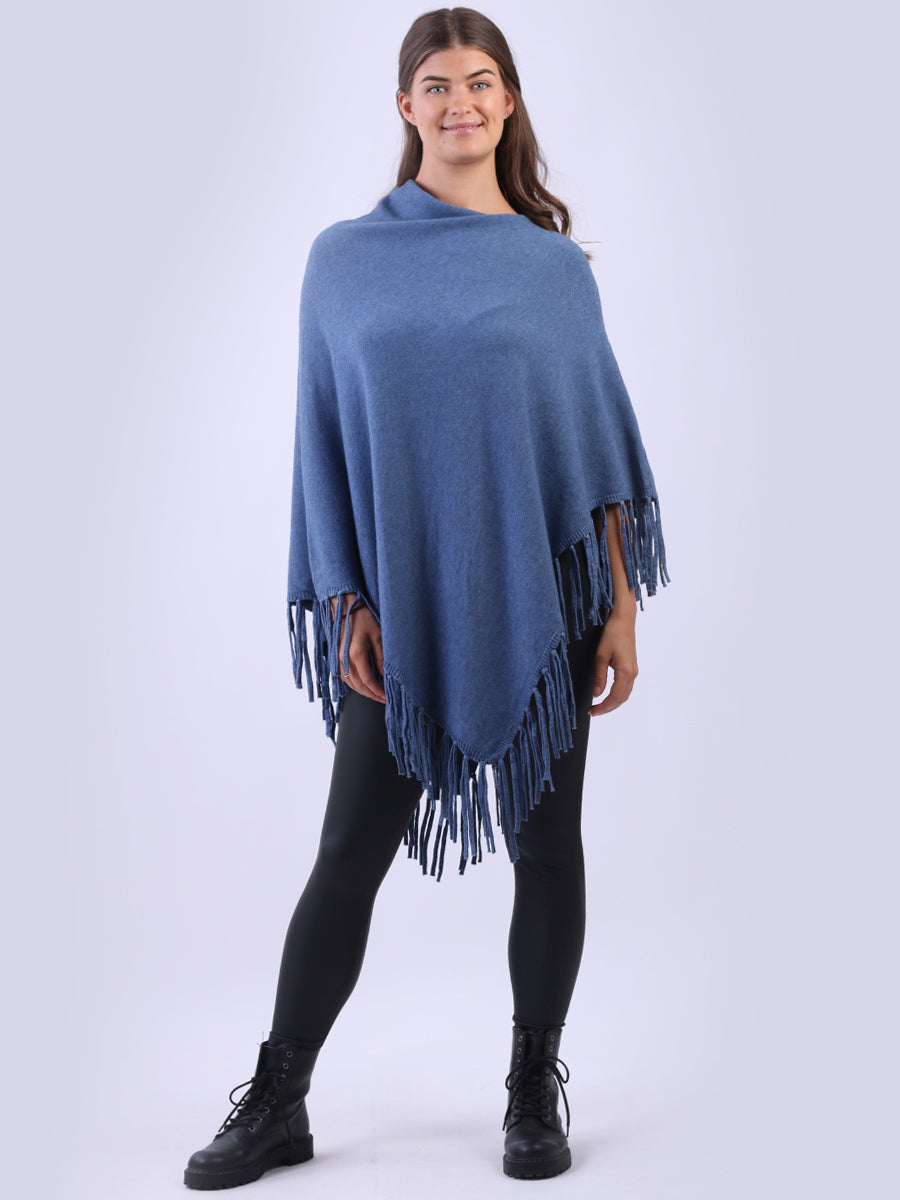Cowl Neck Knitted Fringe Poncho Denim