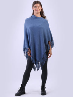 Cowl Neck Knitted Fringe Poncho Denim
