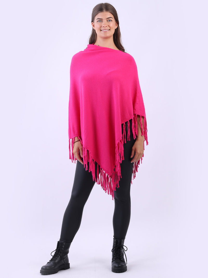 Cowl Neck Knitted Fringe Poncho Fuchsia