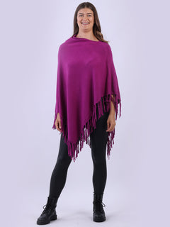 Cowl Neck Knitted Fringe Poncho Magenta