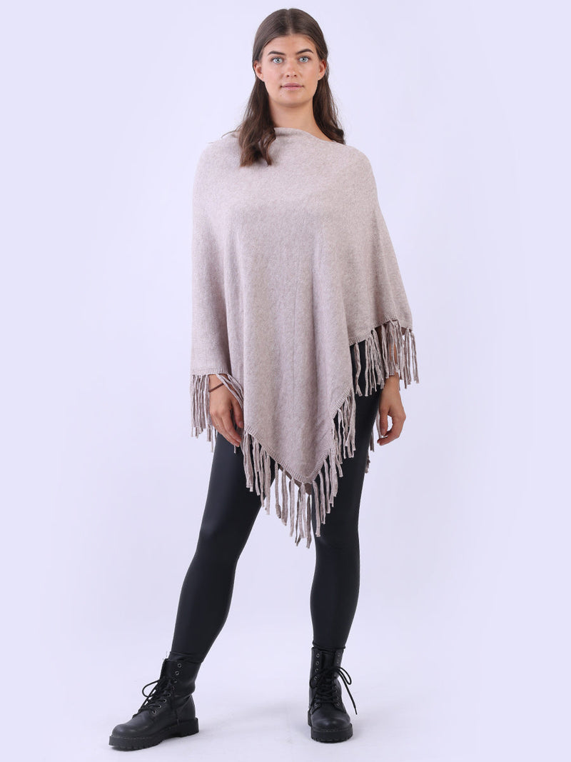 Cowl Neck Knitted Fringe Poncho Mocha