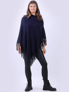 Cowl Neck Knitted Fringe Poncho Navy