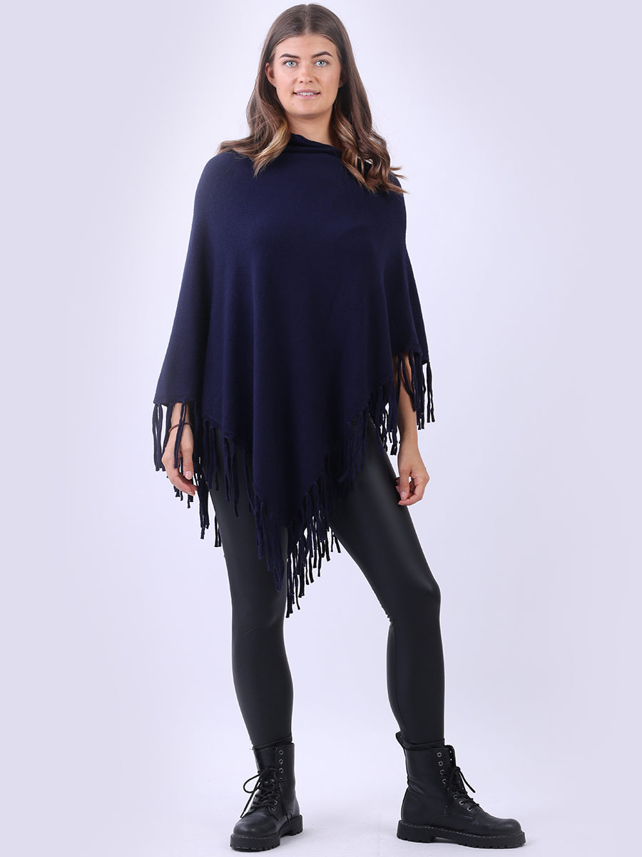 Cowl Neck Knitted Fringe Poncho Navy