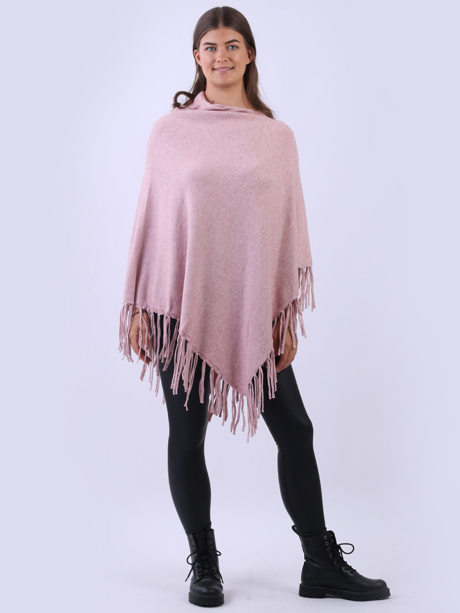 Cowl Neck Knitted Fringe Poncho Pink