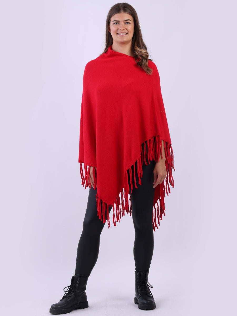Cowl Neck Knitted Fringe Poncho Red