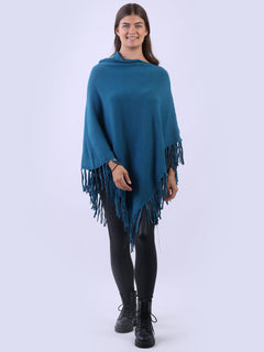 Cowl Neck Knitted Fringe Poncho Teal