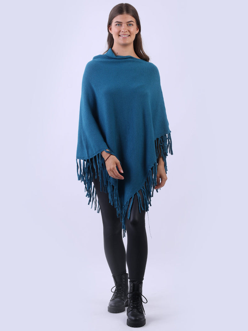Cowl Neck Knitted Fringe Poncho Teal